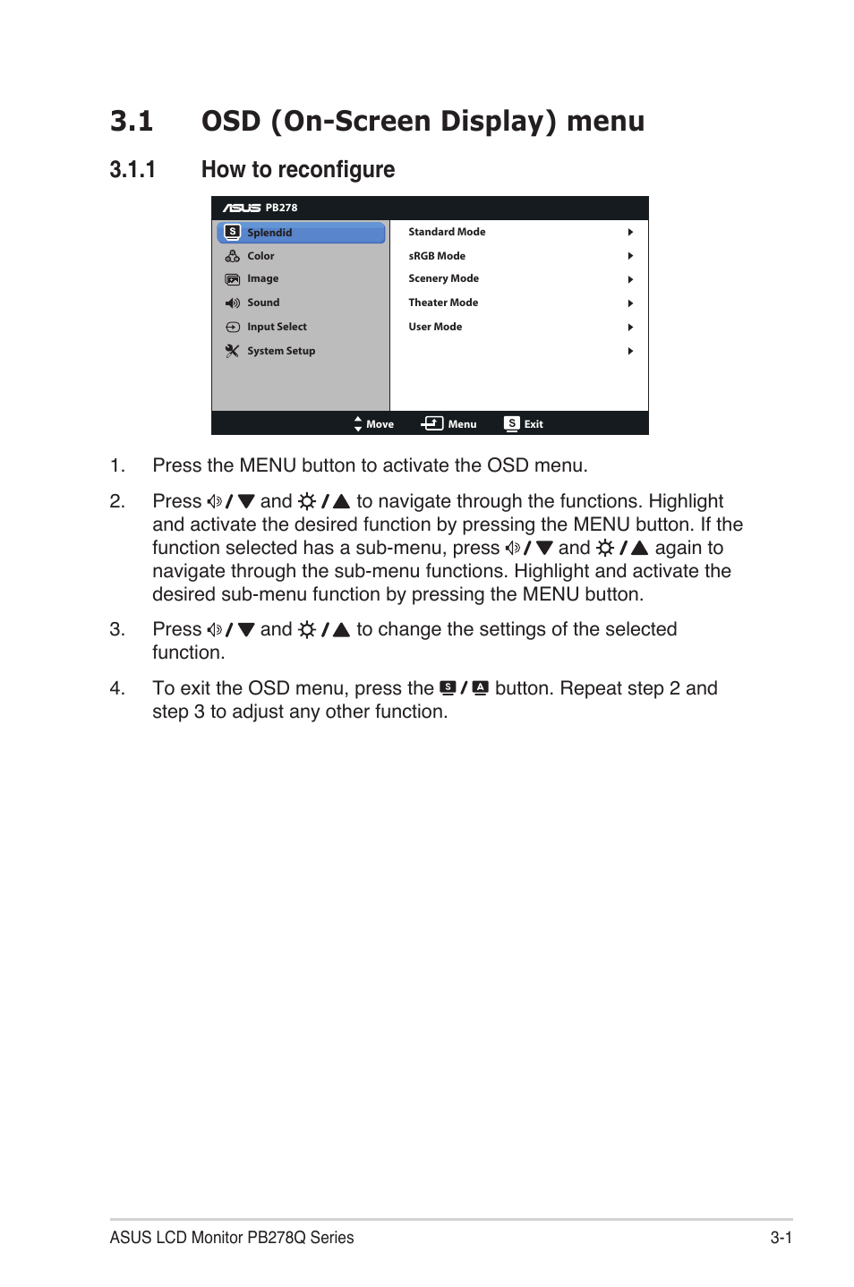 1 osd (on-screen display) menu, 1 how to reconfigure | Asus PB278Q User Manual | Page 17 / 27