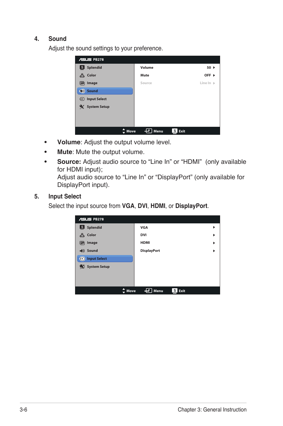 Sound adjust the sound settings to your preference, 6 chapter 3: general instruction | Asus PB278Q User Manual | Page 22 / 27