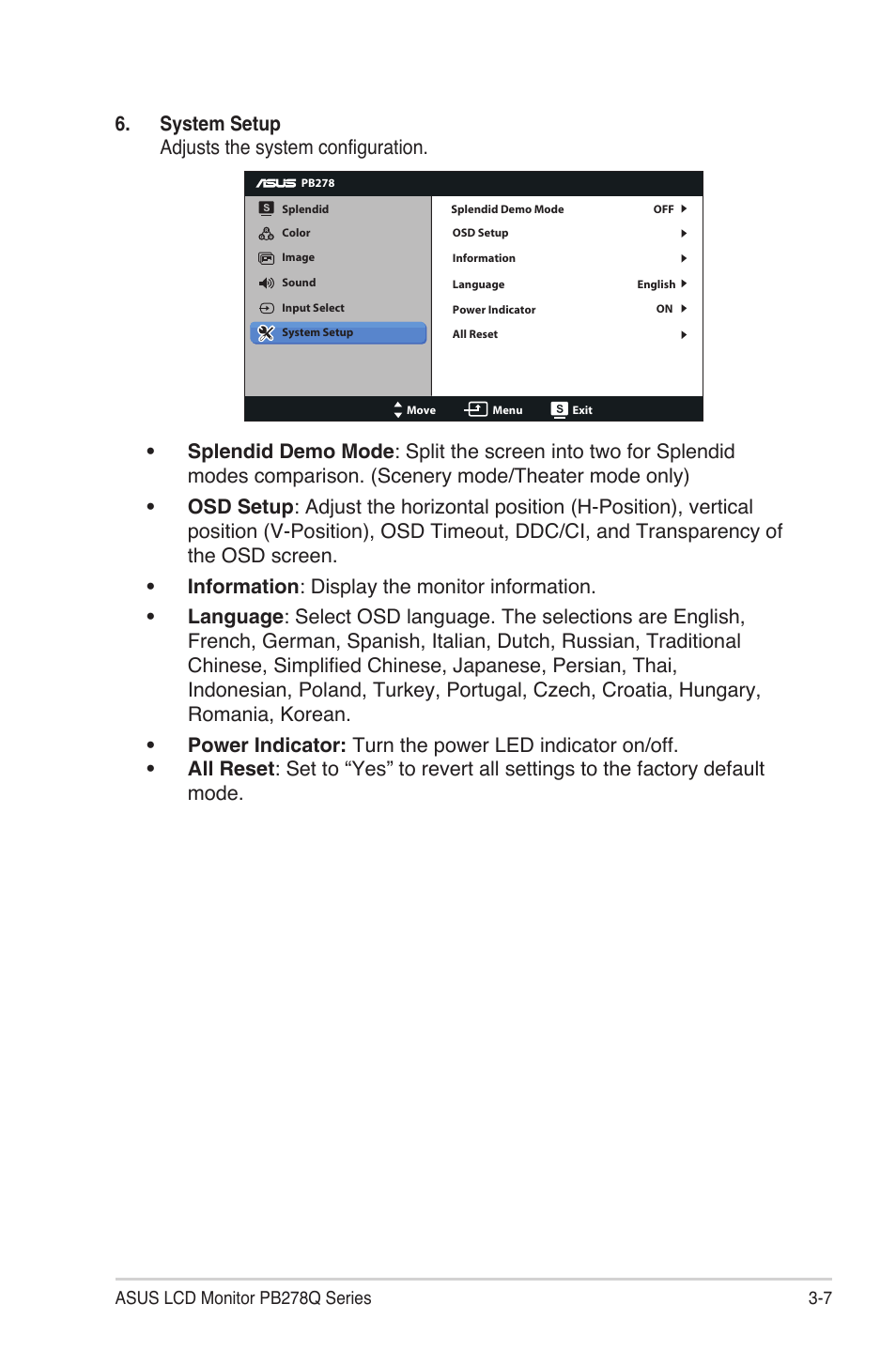 System setup adjusts the system configuration | Asus PB278Q User Manual | Page 23 / 27