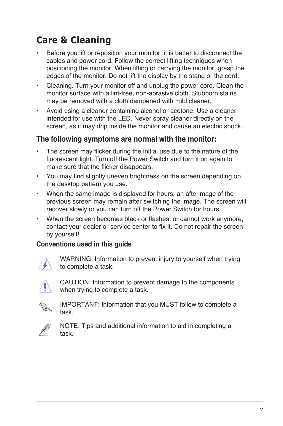 Care & cleaning, The following symptoms are normal with the monitor | Asus PB278Q User Manual | Page 5 / 27