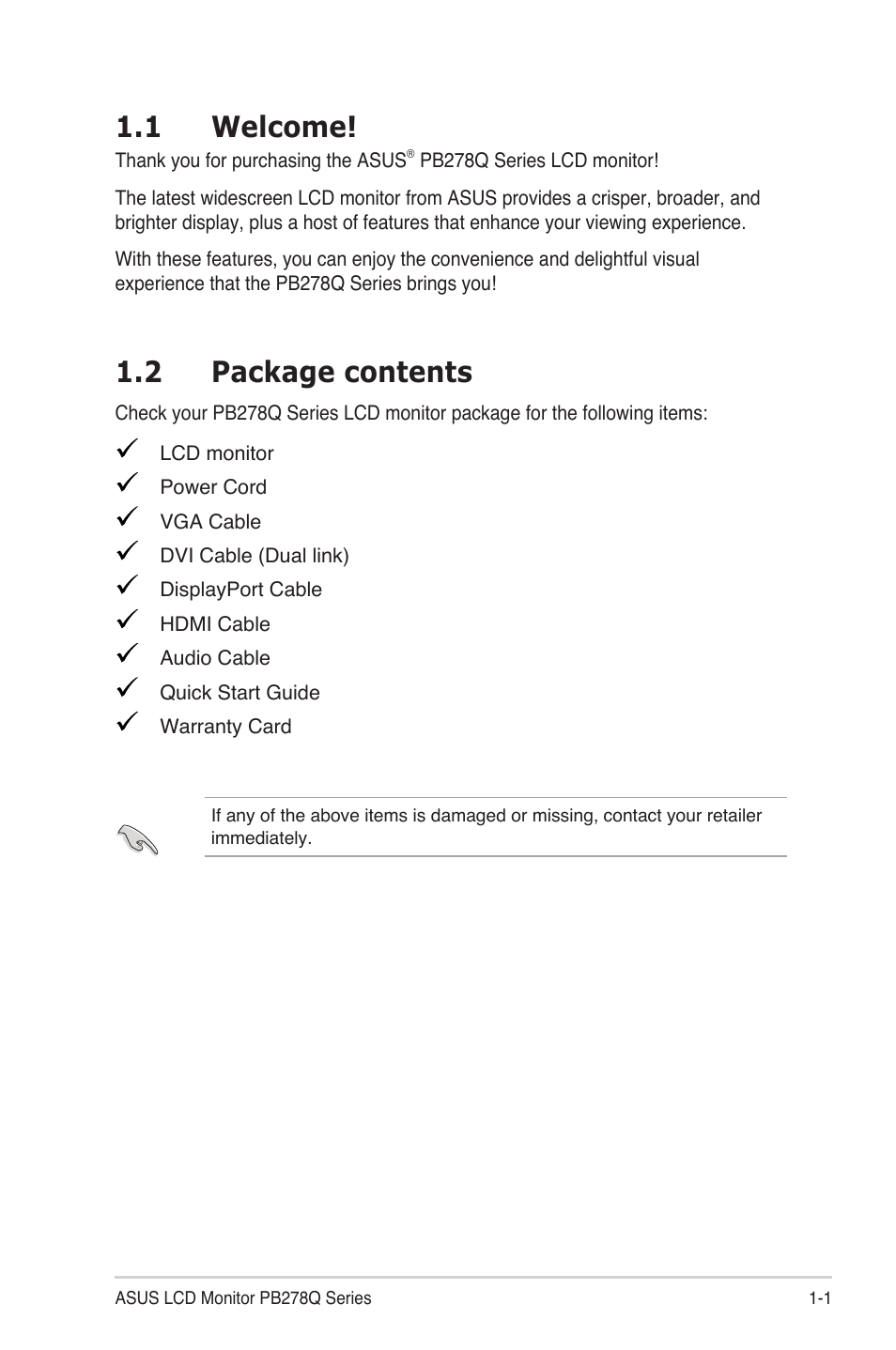 1 welcome, 2 package contents | Asus PB278Q User Manual | Page 7 / 27