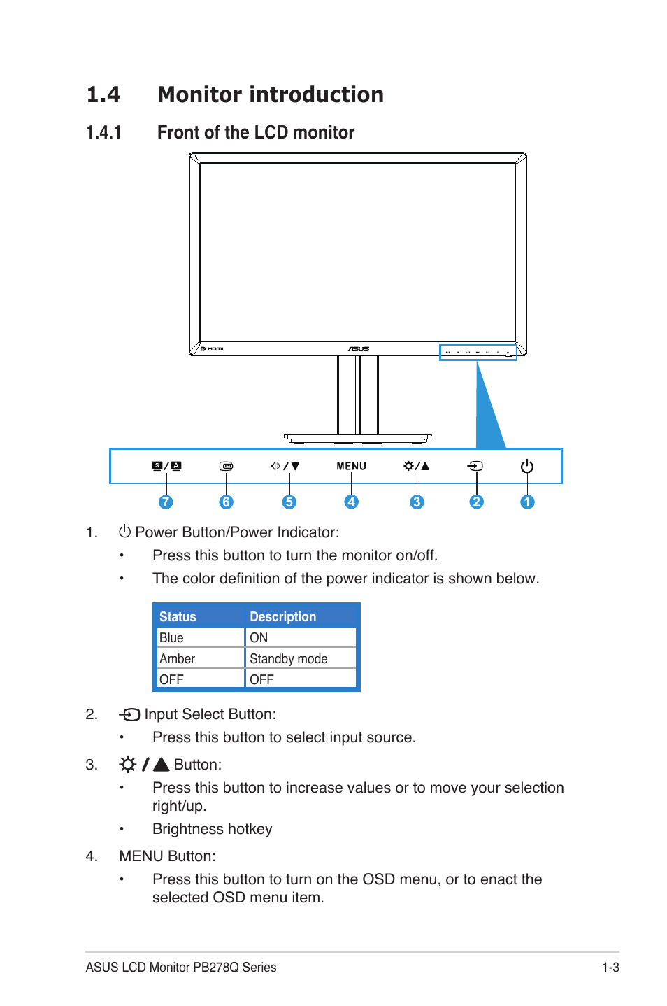 4 monitor introduction, 1 front of the lcd monitor | Asus PB278Q User Manual | Page 9 / 27