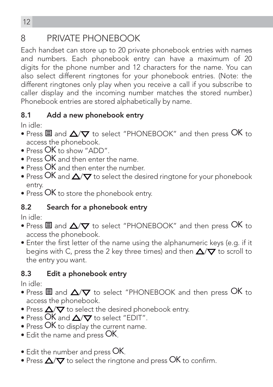 8 private phonebook | AEG Voxtel D100 User Manual | Page 12 / 38