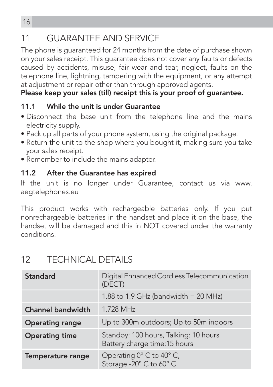 11 guarantee and service, 12 technical details | AEG Voxtel D100 User Manual | Page 16 / 38