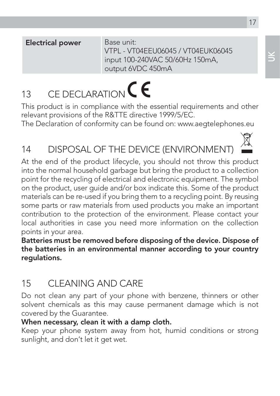 13 ce declaration, 14 disposal of the device (environment), 15 cleaning and care | AEG Voxtel D100 User Manual | Page 17 / 38