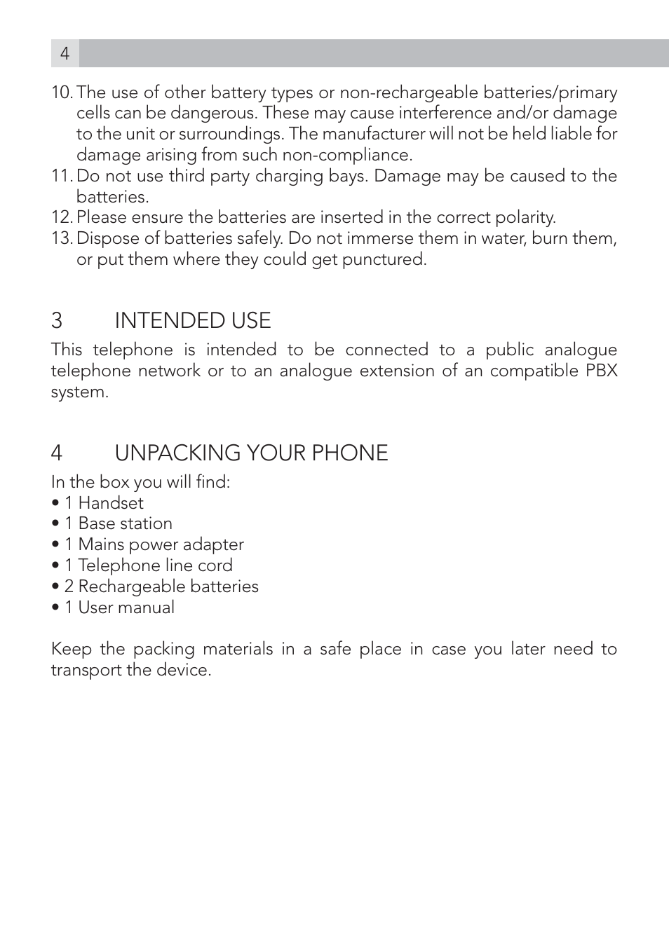 3 intended use, 4unpacking your phone | AEG Voxtel D100 User Manual | Page 4 / 38