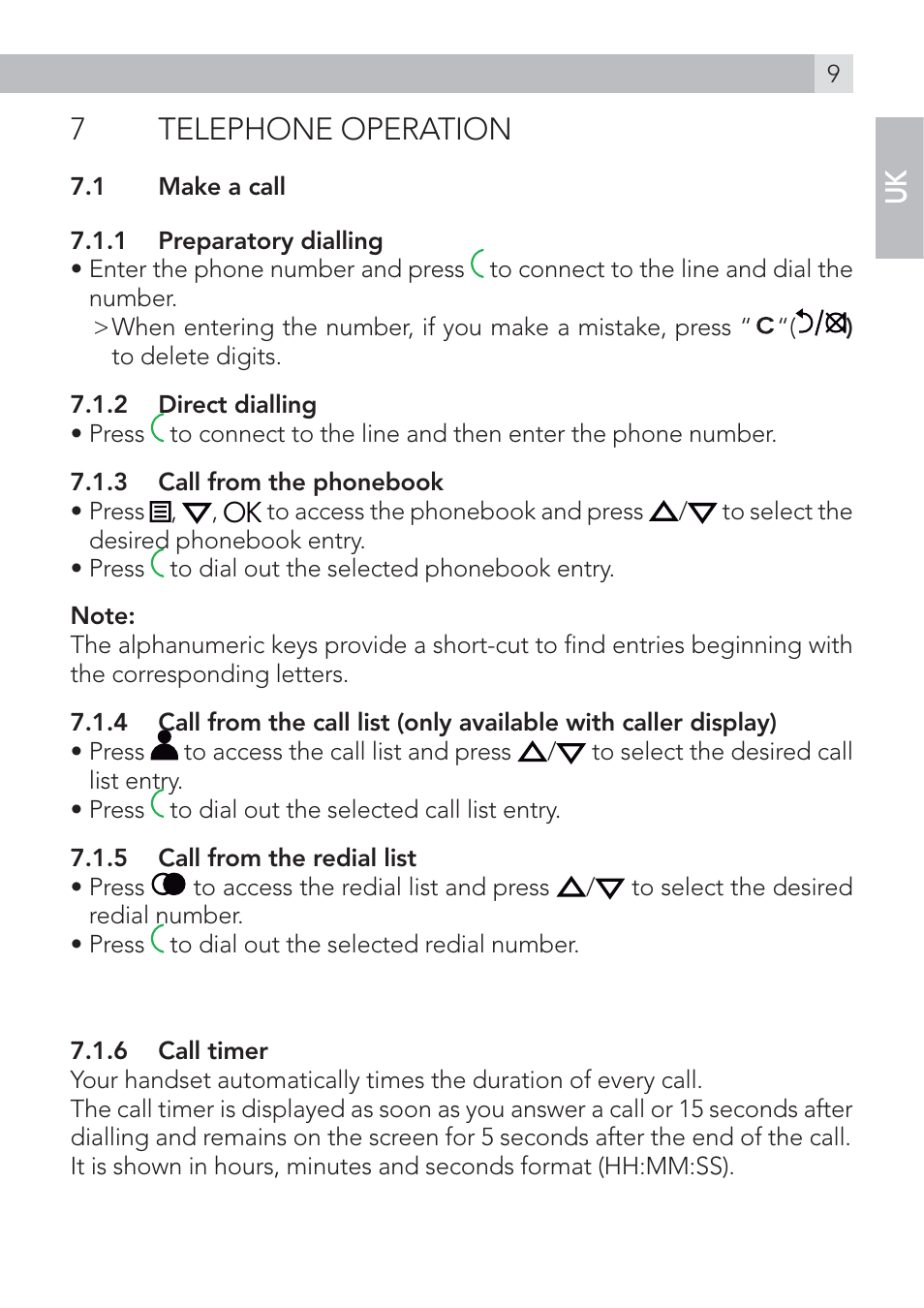 7 telephone operation | AEG Voxtel D100 User Manual | Page 9 / 38