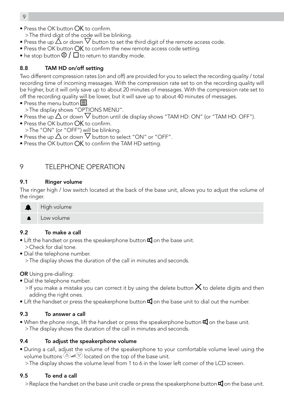 9 telephone operation | AEG Voxtel C115 User Manual | Page 10 / 22
