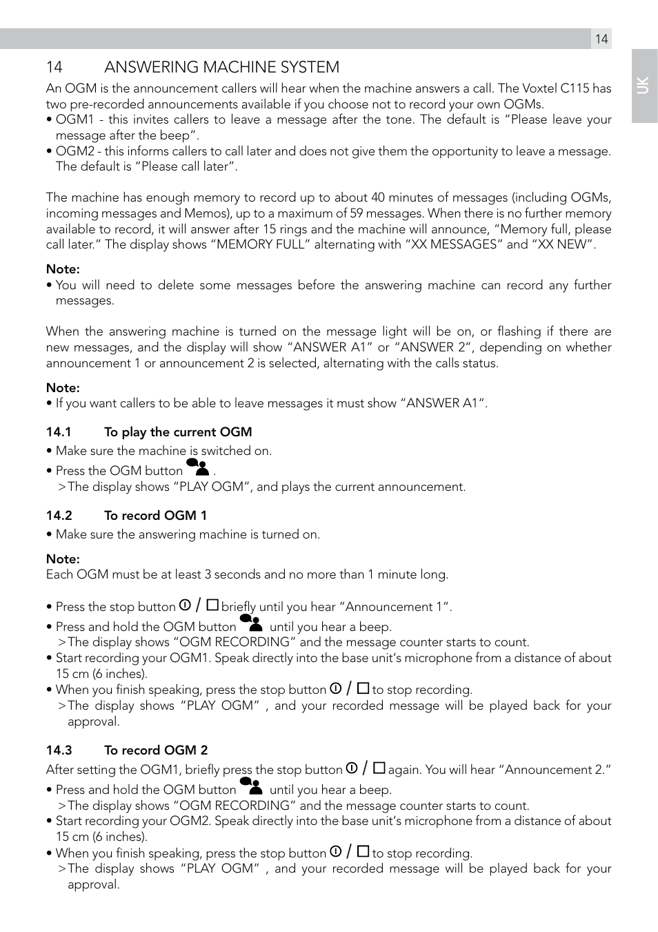 14 answering machine system | AEG Voxtel C115 User Manual | Page 15 / 22