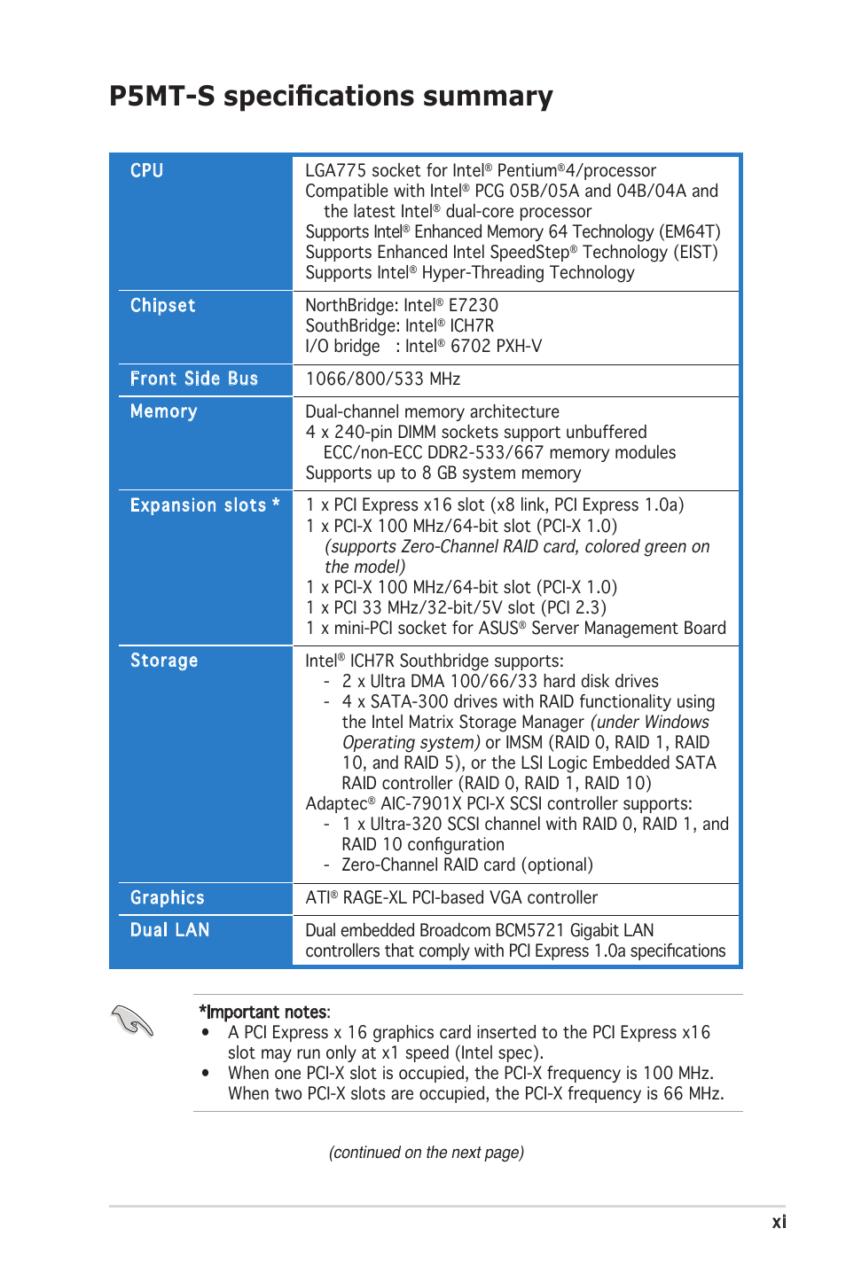 P5mt-s speciﬁcations summary | Asus Motherboard P5MT-S User Manual | Page 11 / 176