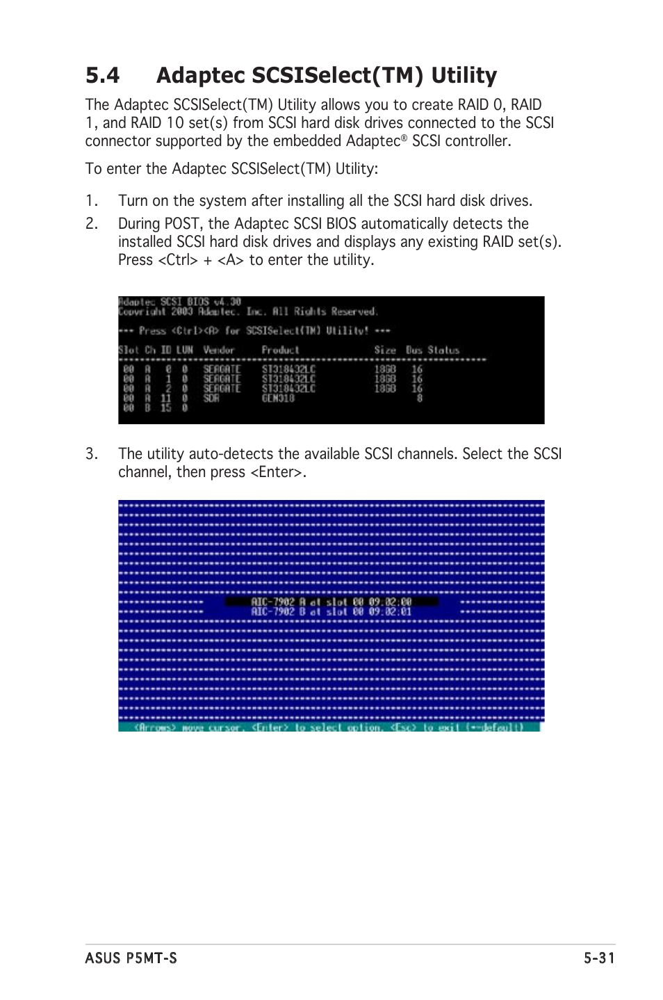 4 adaptec scsiselect(tm) utility | Asus Motherboard P5MT-S User Manual | Page 131 / 176