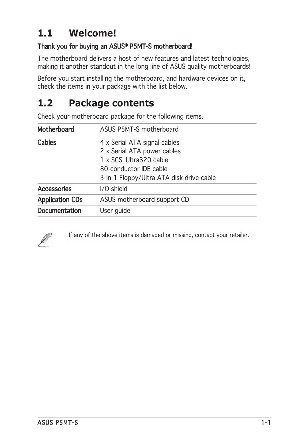 1 welcome, 2 package contents | Asus Motherboard P5MT-S User Manual | Page 15 / 176