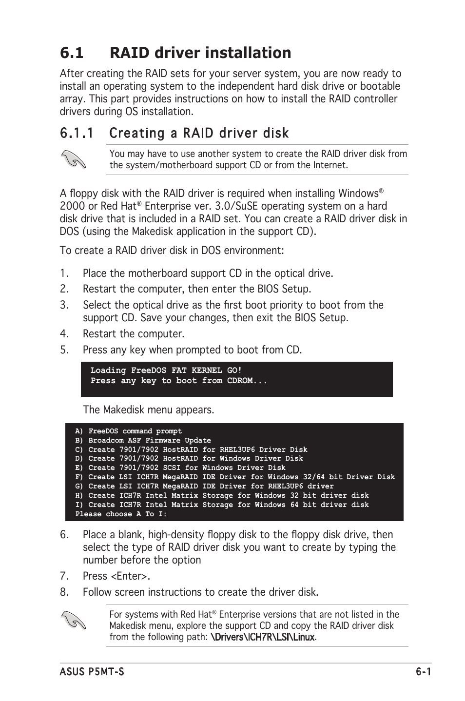 1 raid driver installation, 1 creating a raid driver disk | Asus Motherboard P5MT-S User Manual | Page 155 / 176