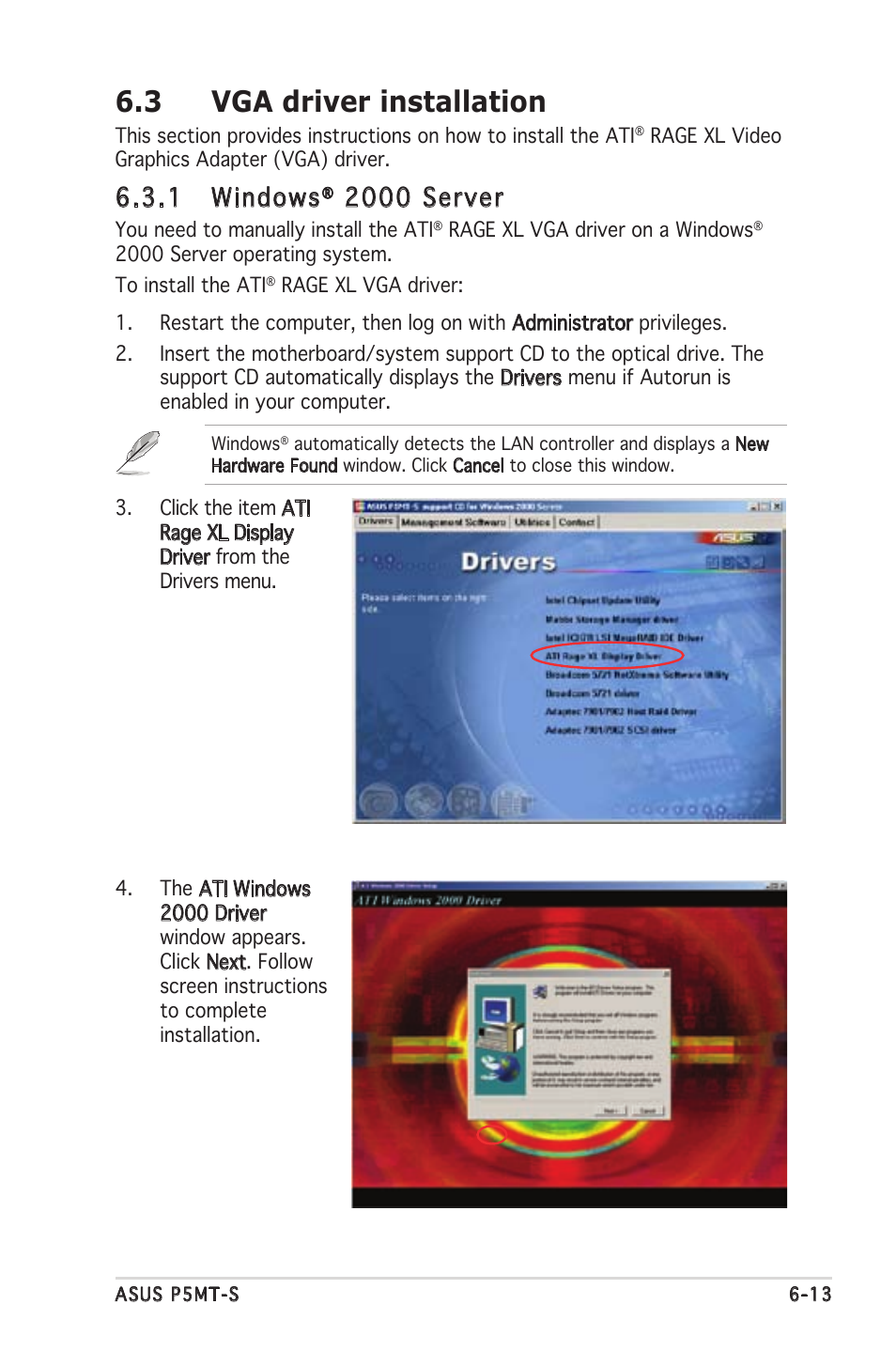 3 vga driver installation, 1 windows, 2000 server | Asus Motherboard P5MT-S User Manual | Page 167 / 176