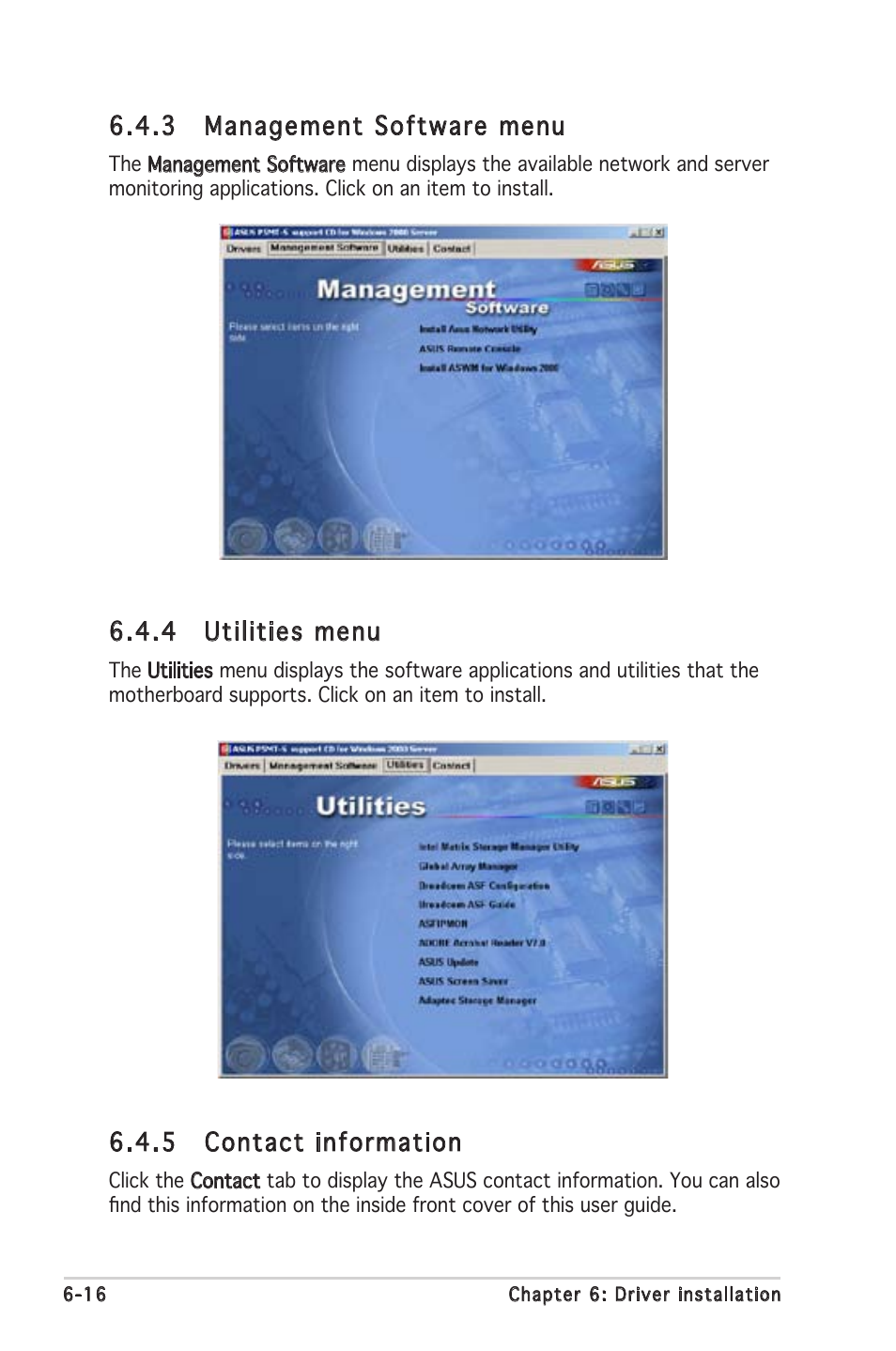 3 management software menu, 4 utilities menu, 5 contact information | Asus Motherboard P5MT-S User Manual | Page 170 / 176