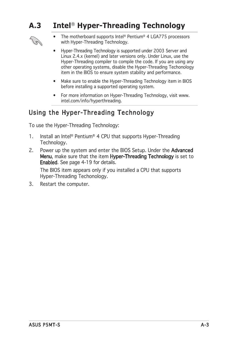 A.3 intel, Hyper-threading technology, Using the hyper-threading technology | Asus Motherboard P5MT-S User Manual | Page 175 / 176