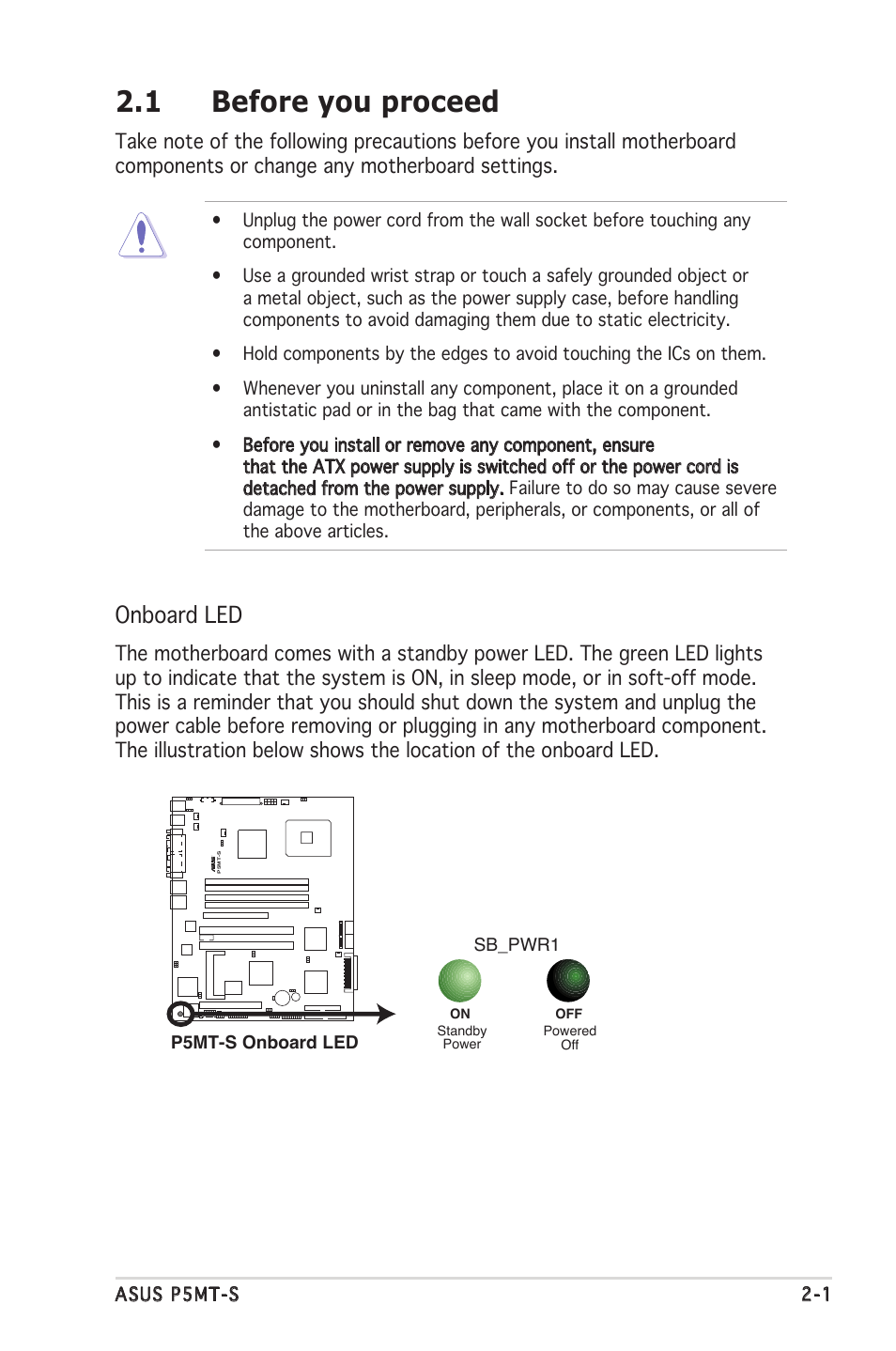 1 before you proceed, Onboard led | Asus Motherboard P5MT-S User Manual | Page 21 / 176