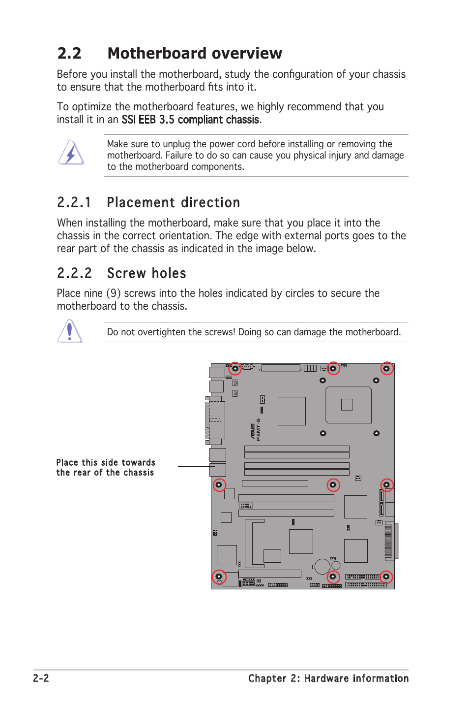 2 motherboard overview, 1 placement direction, 2 screw holes | Asus Motherboard P5MT-S User Manual | Page 22 / 176