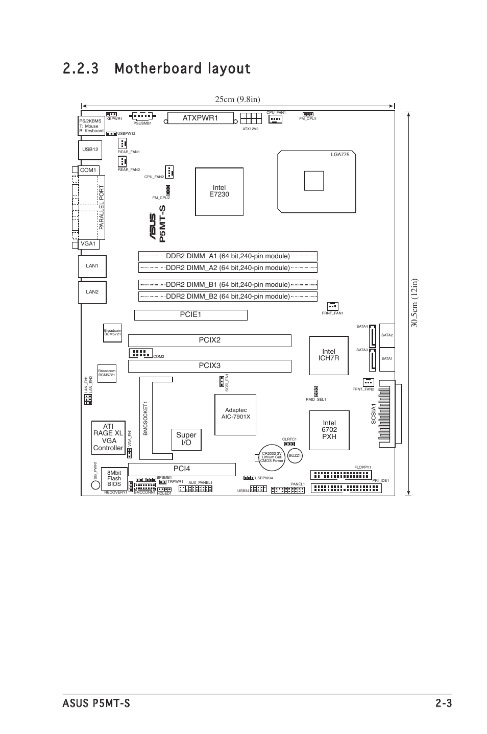 3 motherboard layout, Asus p5mt-s 2-3, P5mt-s | Super i/o, Pcie1 pcix3 pcix2, Pci4, Atxpwr1 | Asus Motherboard P5MT-S User Manual | Page 23 / 176