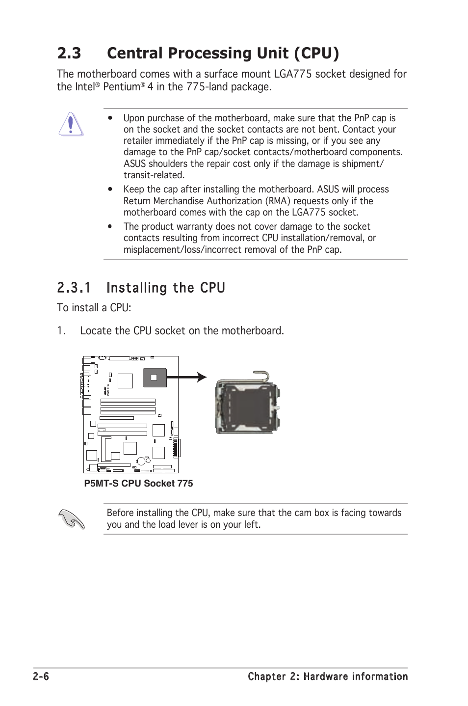 3 central processing unit (cpu), 1 installing the cpu, Pentium | 4 in the 775-land package | Asus Motherboard P5MT-S User Manual | Page 26 / 176