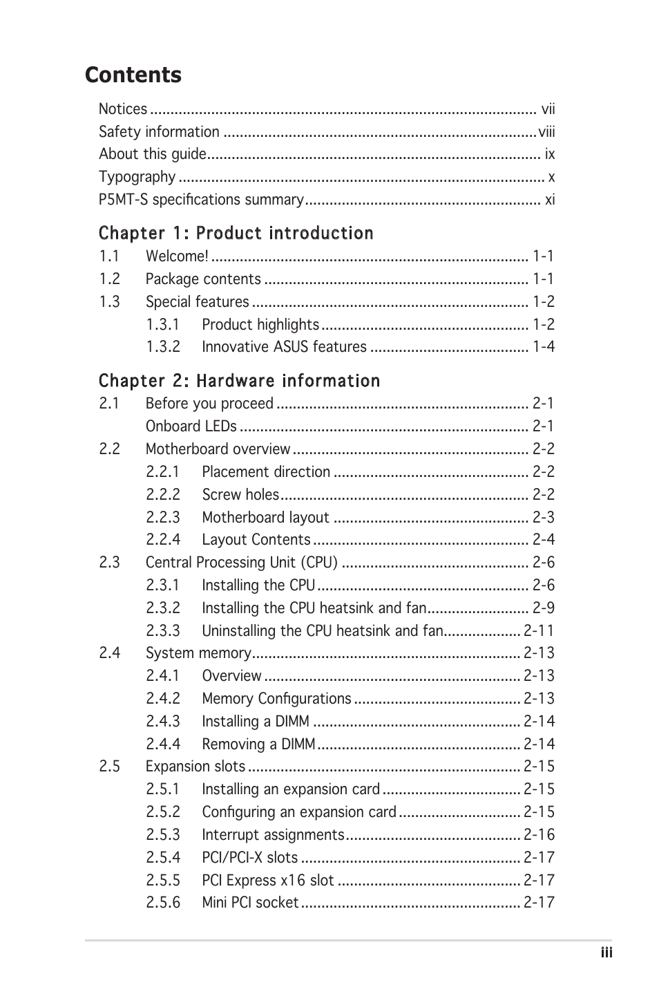 Asus Motherboard P5MT-S User Manual | Page 3 / 176