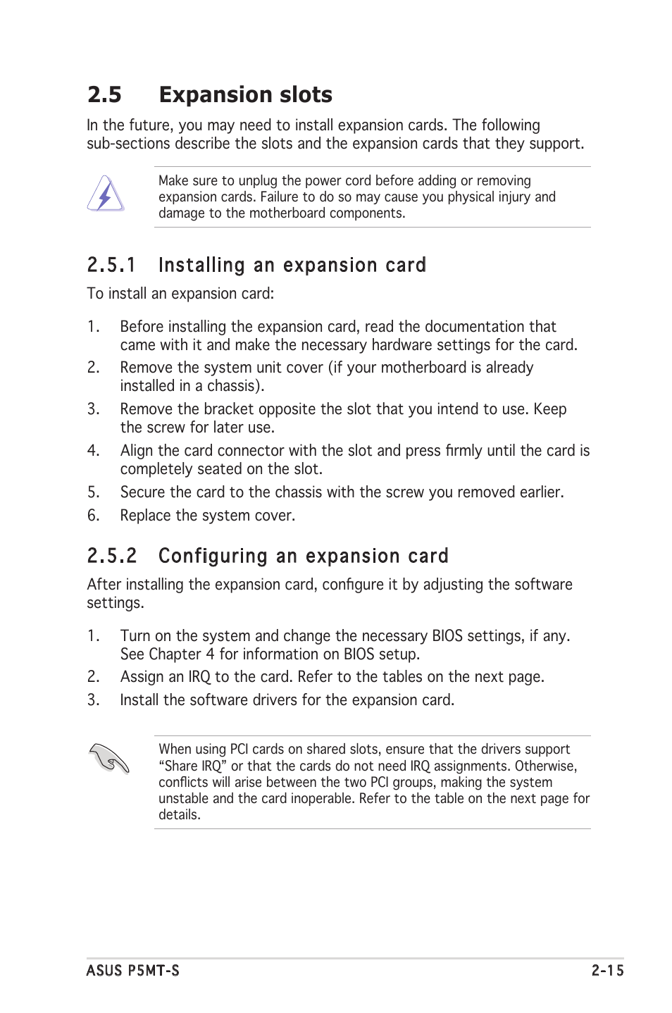 5 expansion slots, 1 installing an expansion card, 2 configuring an expansion card | Asus Motherboard P5MT-S User Manual | Page 35 / 176