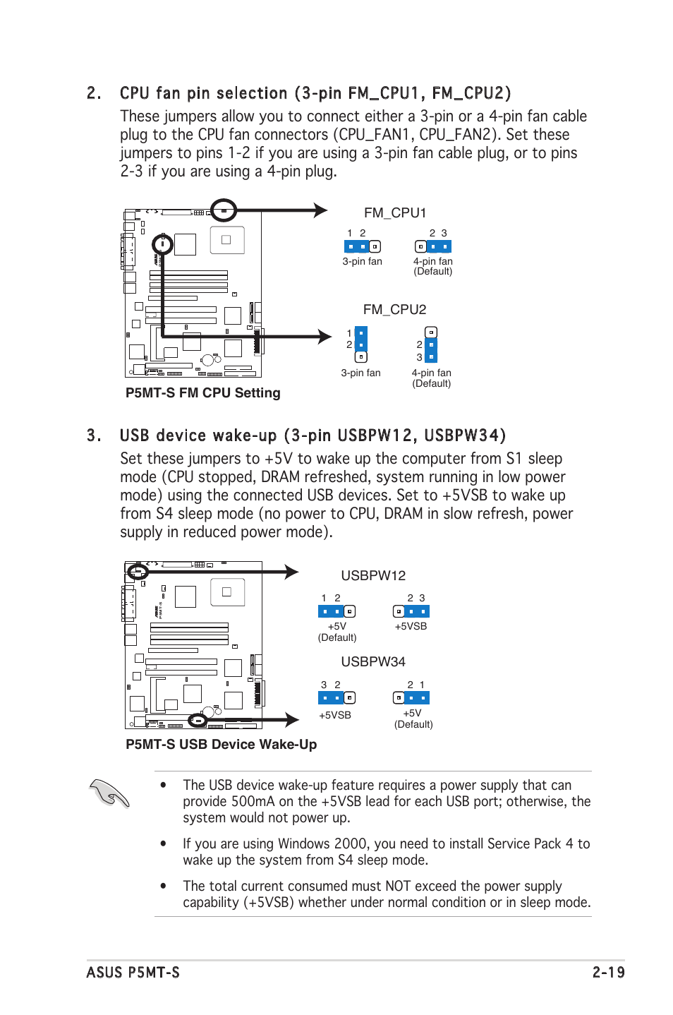 Asus p5mt-s 2-19, Usbpw34, P5mt-s fm cpu setting fm_cpu2 fm_cpu1 | Asus Motherboard P5MT-S User Manual | Page 39 / 176