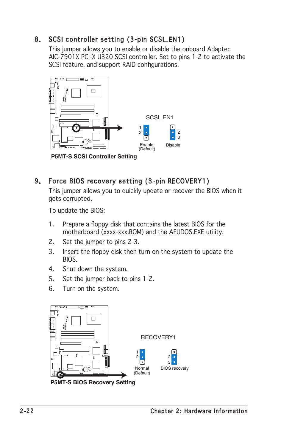 22 chapter 2: hardware information, P5mt-s scsi controller setting scsi_en1, P5mt-s bios recovery setting recovery1 | Asus Motherboard P5MT-S User Manual | Page 42 / 176