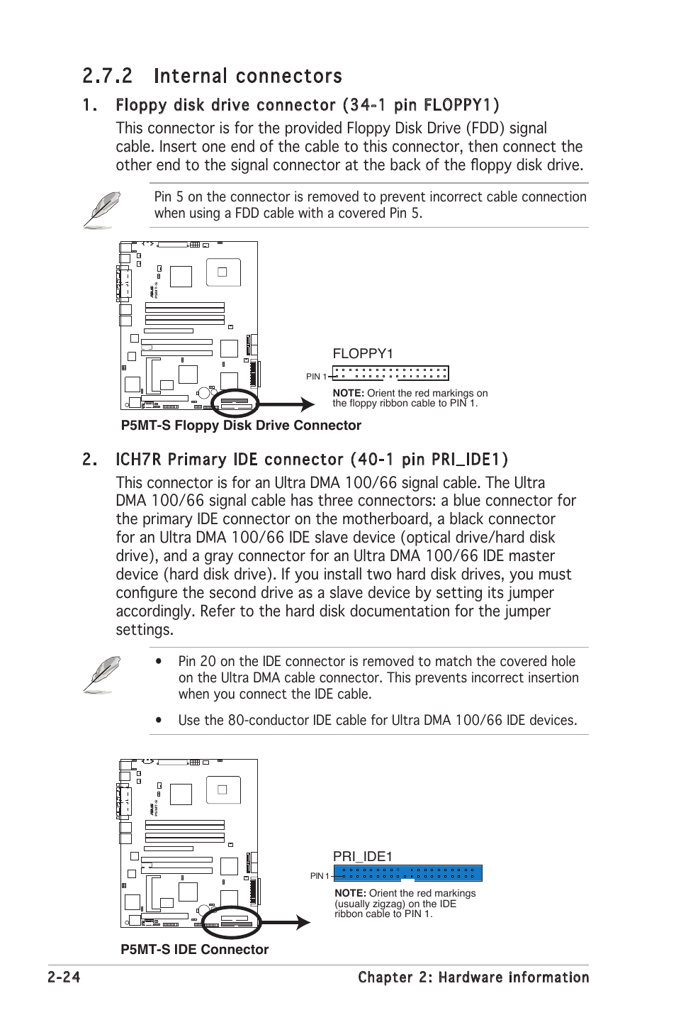 2 internal connectors, 24 chapter 2: hardware information, P5mt-s floppy disk drive connector floppy1 | P5mt-s ide connector, Pri_ide1 | Asus Motherboard P5MT-S User Manual | Page 44 / 176