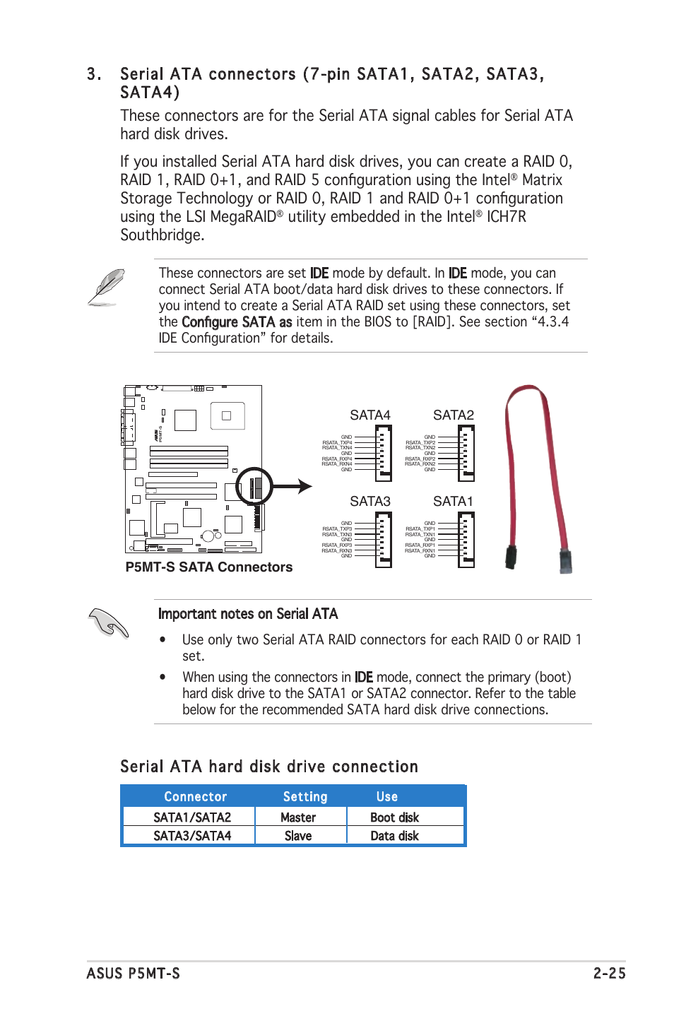 Utility embedded in the intel, Asus p5mt-s 2-25, Sata1 | Sata4, Sata3 | Asus Motherboard P5MT-S User Manual | Page 45 / 176