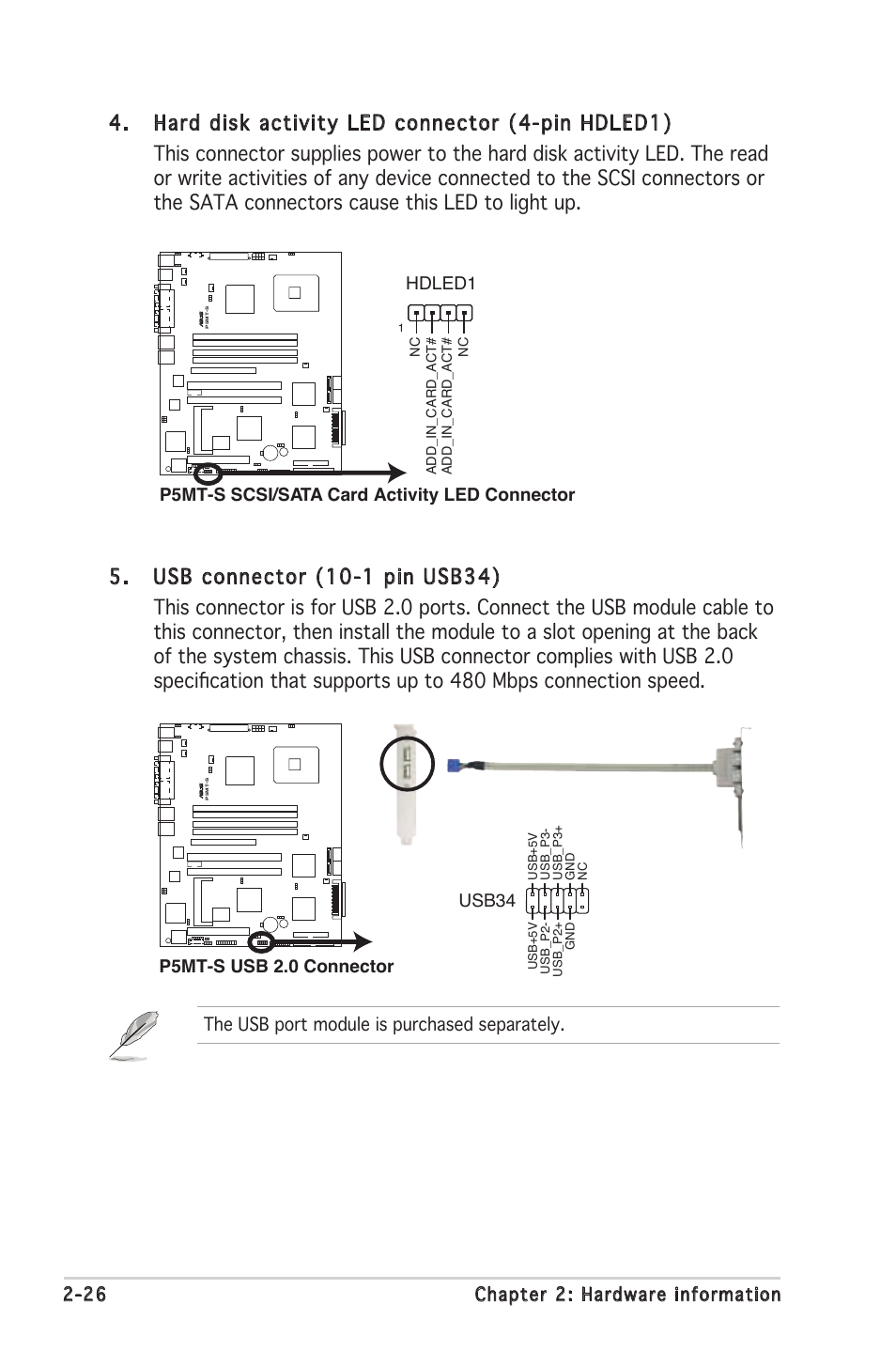 26 chapter 2: hardware information, The usb port module is purchased separately | Asus Motherboard P5MT-S User Manual | Page 46 / 176