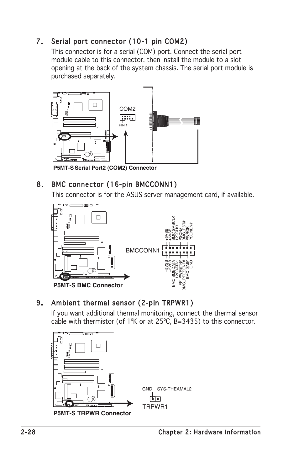 28 chapter 2: hardware information, P5mt-s bmc connector bmcconn1, P5mt-s trpwr connector trpwr1 | P5mt-s serial port2 (com2) connector, Com2 | Asus Motherboard P5MT-S User Manual | Page 48 / 176