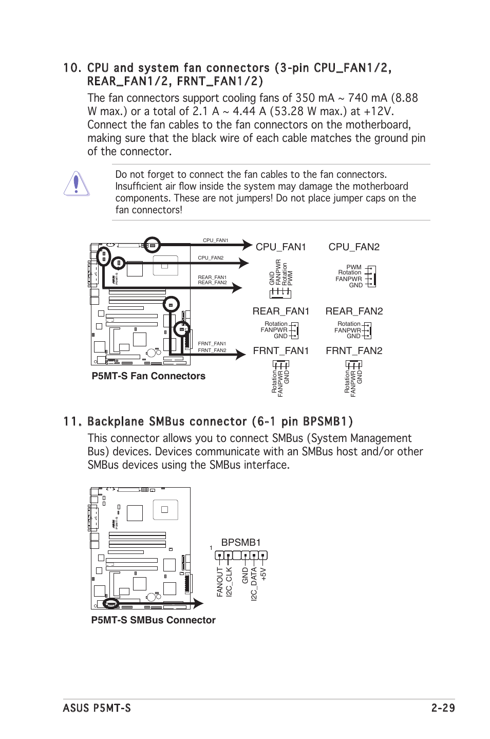 Asus p5mt-s 2-29, Cpu_fan2 cpu_fan1, P5mt-s smbus connector bpsmb1 | Asus Motherboard P5MT-S User Manual | Page 49 / 176