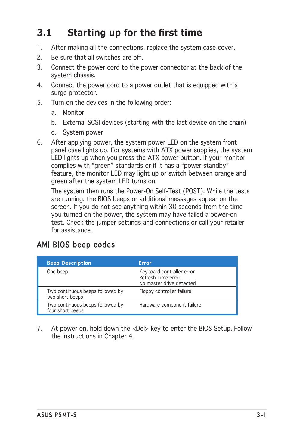 1 starting up for the ﬁrst time, Ami bios beep codes | Asus Motherboard P5MT-S User Manual | Page 55 / 176