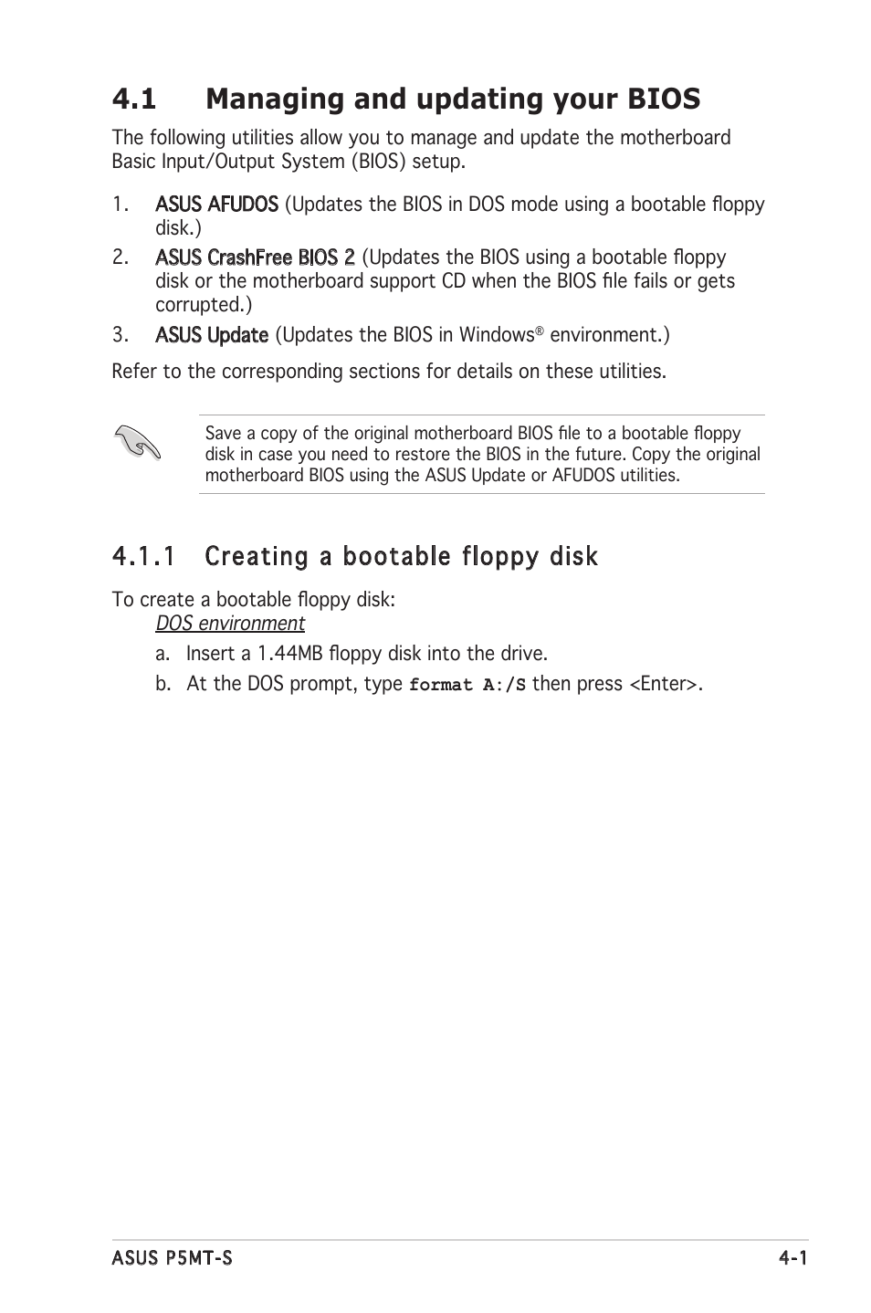 1 managing and updating your bios, 1 creating a bootable floppy disk | Asus Motherboard P5MT-S User Manual | Page 59 / 176