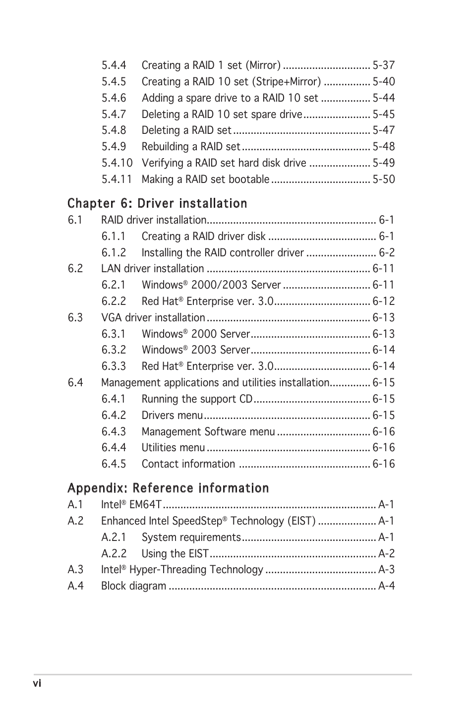 Chapter 6: driver installation, Appendix: reference information | Asus Motherboard P5MT-S User Manual | Page 6 / 176