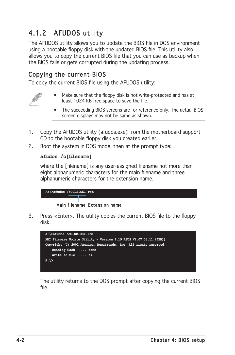 2 afudos utility, Copying the current bios | Asus Motherboard P5MT-S User Manual | Page 60 / 176