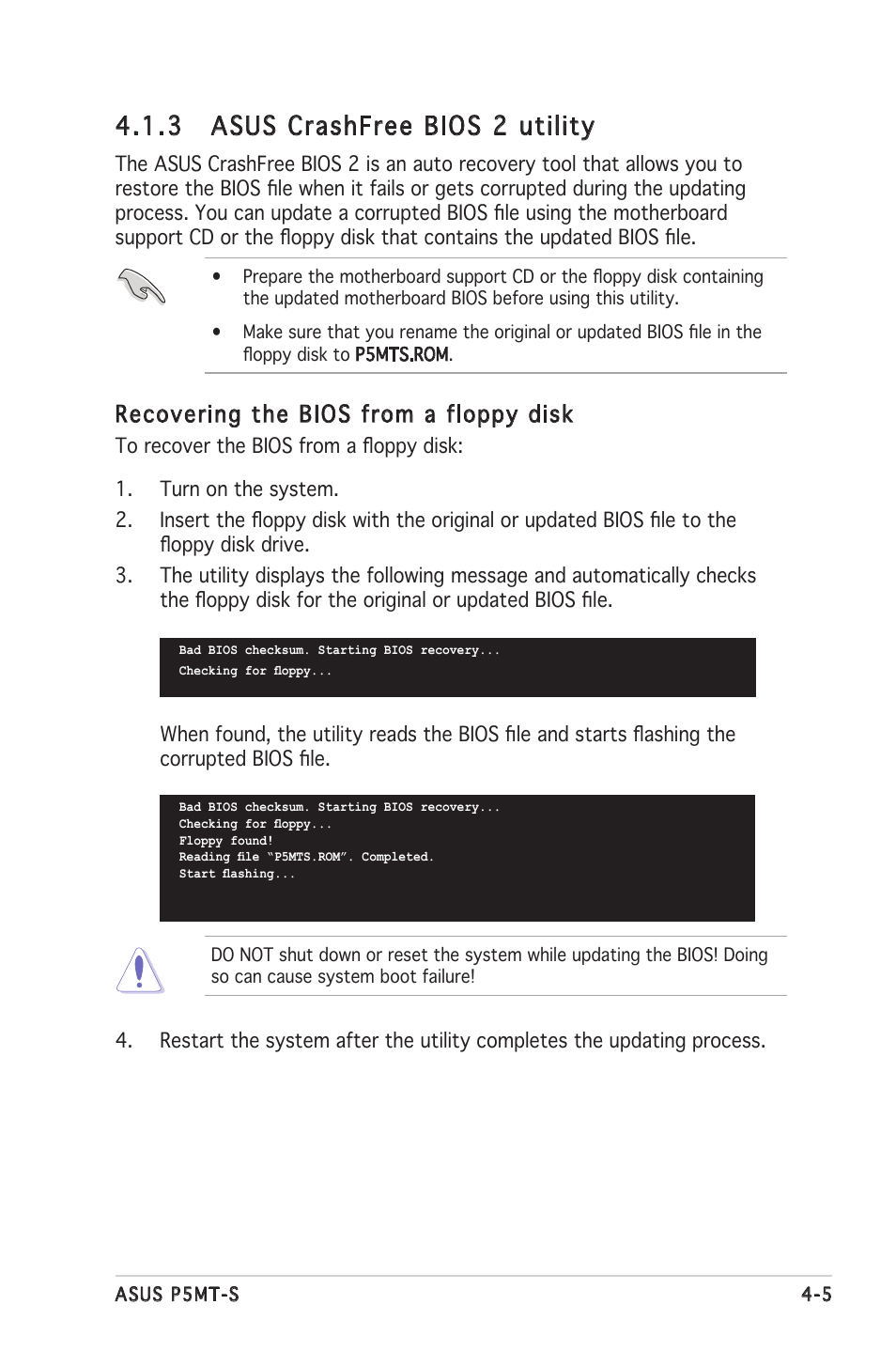 3 asus crashfree bios 2 utility, Recovering the bios from a floppy disk | Asus Motherboard P5MT-S User Manual | Page 63 / 176