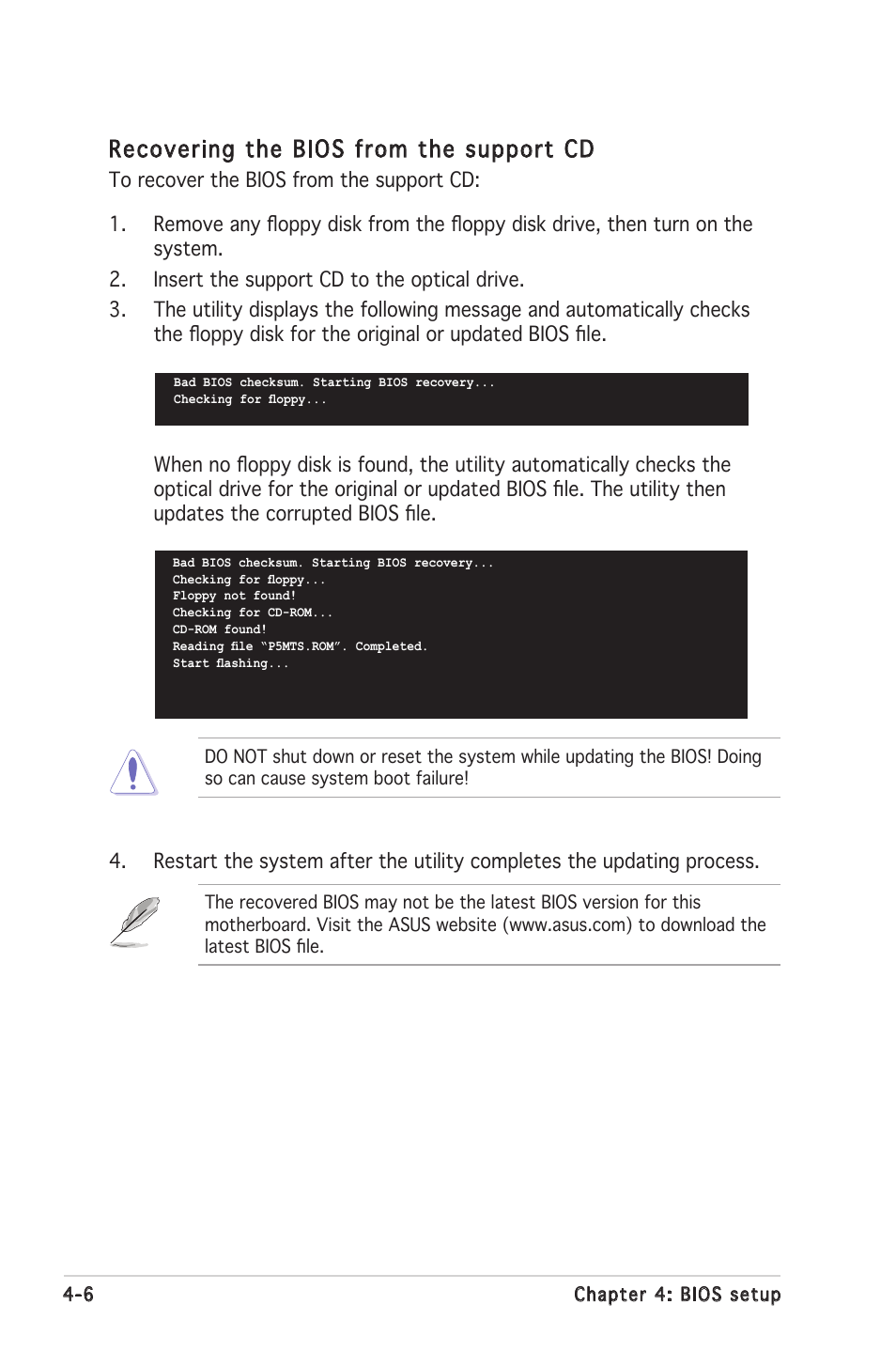 Recovering the bios from the support cd | Asus Motherboard P5MT-S User Manual | Page 64 / 176