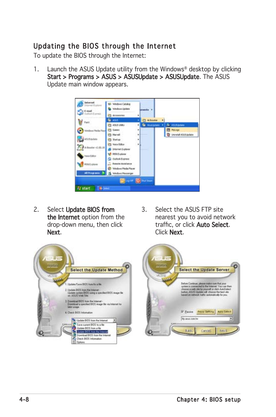 Updating the bios through the internet | Asus Motherboard P5MT-S User Manual | Page 66 / 176