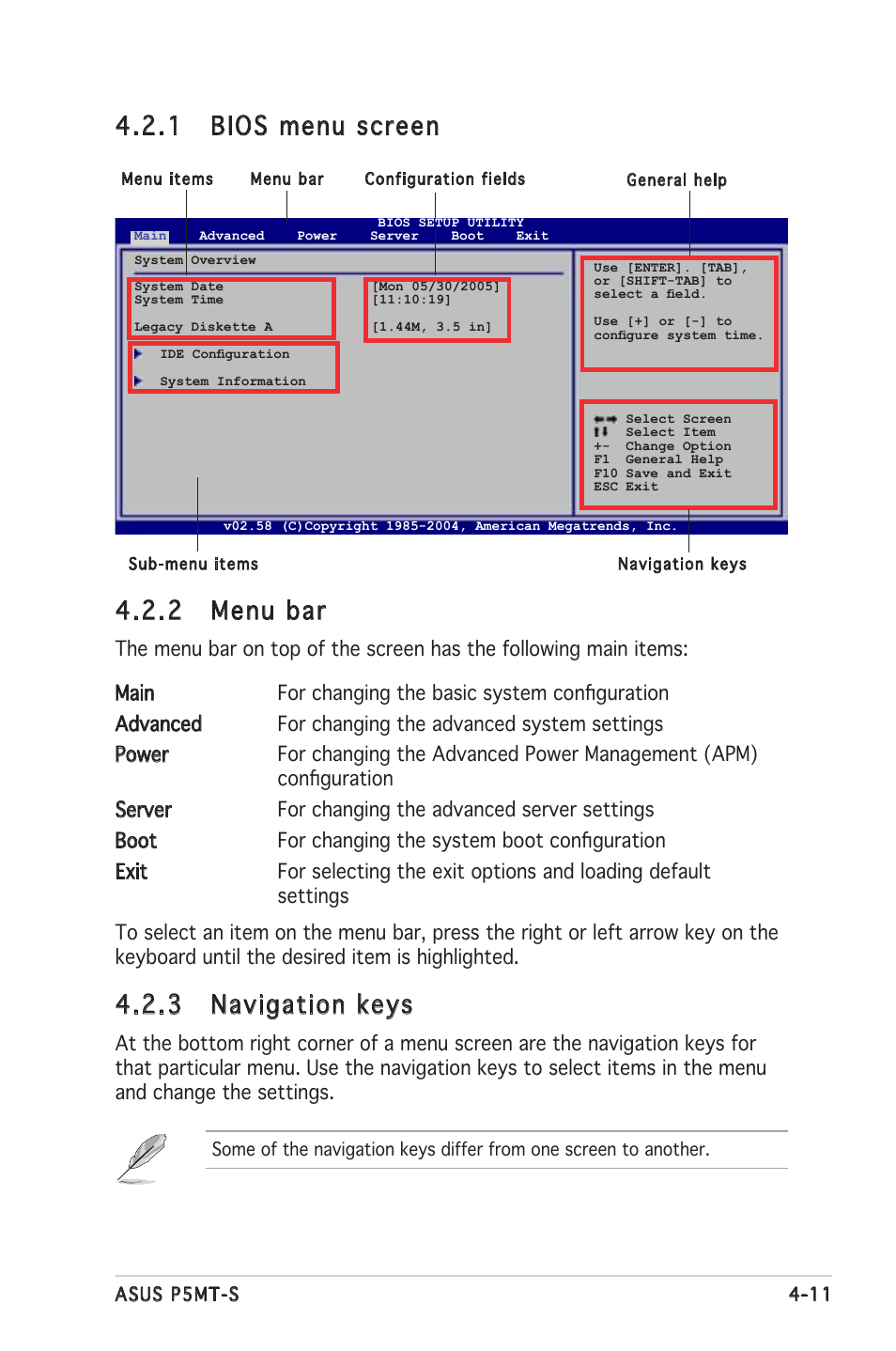 2 menu bar, 3 navigation keys, 1 bios menu screen | Asus Motherboard P5MT-S User Manual | Page 69 / 176