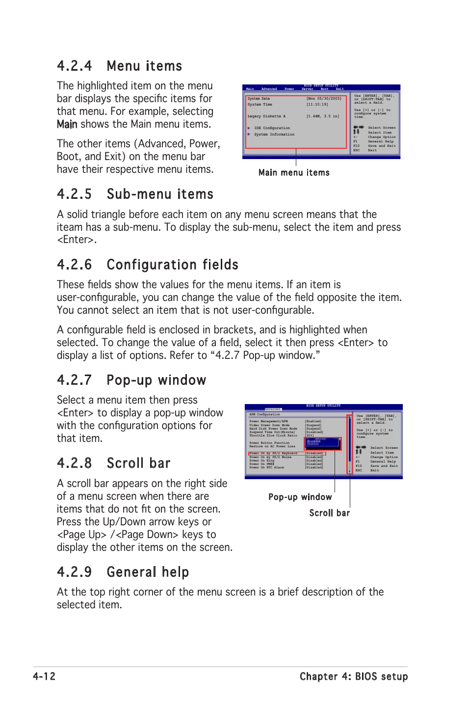 4 menu items, 5 sub-menu items, 6 configuration fields | 7 pop-up window, 8 scroll bar, 9 general help, 12 chapter 4: bios setup, Main menu items, Scroll bar pop-up window | Asus Motherboard P5MT-S User Manual | Page 70 / 176