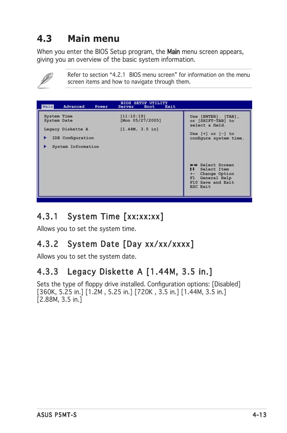 3 main menu, 1 system time [xx:xx:xx, Allows you to set the system time | Allows you to set the system date | Asus Motherboard P5MT-S User Manual | Page 71 / 176