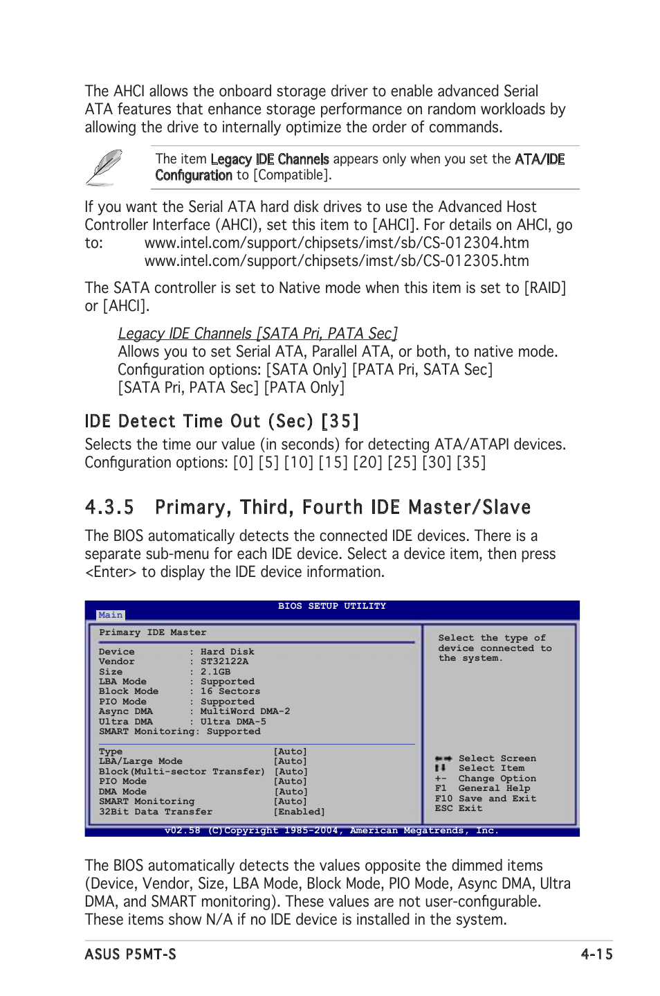 5 primary, third, fourth ide master/slave, Ide detect time out (sec) [35 | Asus Motherboard P5MT-S User Manual | Page 73 / 176