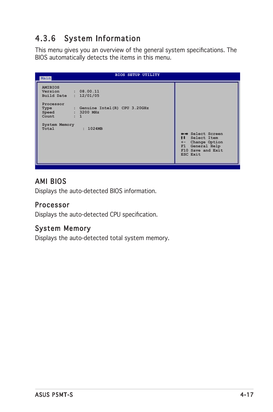 6 system information, Ami bios, Processor | Displays the auto-detected bios information, Displays the auto-detected cpu speciﬁcation | Asus Motherboard P5MT-S User Manual | Page 75 / 176