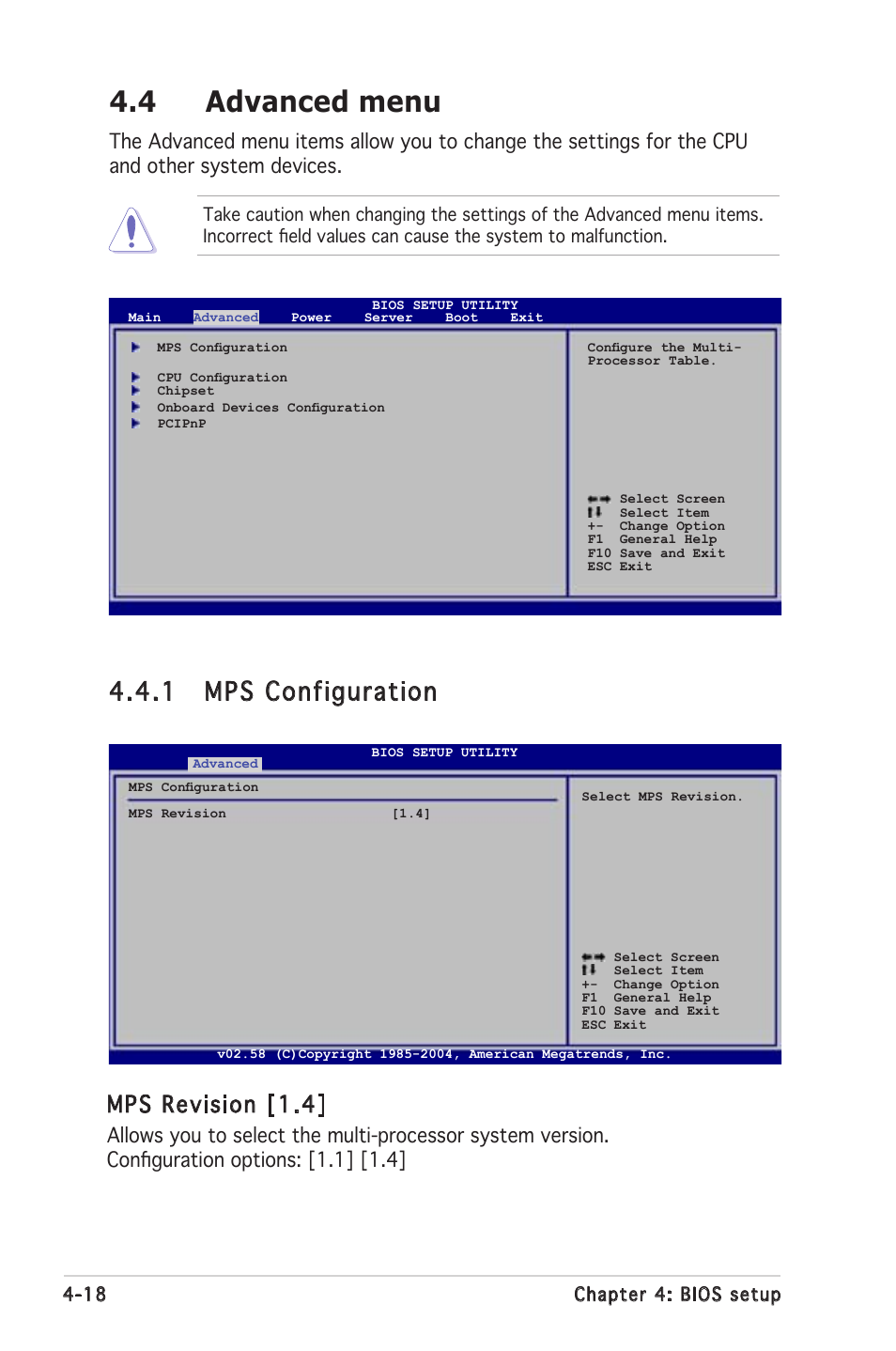 4 advanced menu, 1 mps configuration, Mps revision [1.4 | Asus Motherboard P5MT-S User Manual | Page 76 / 176