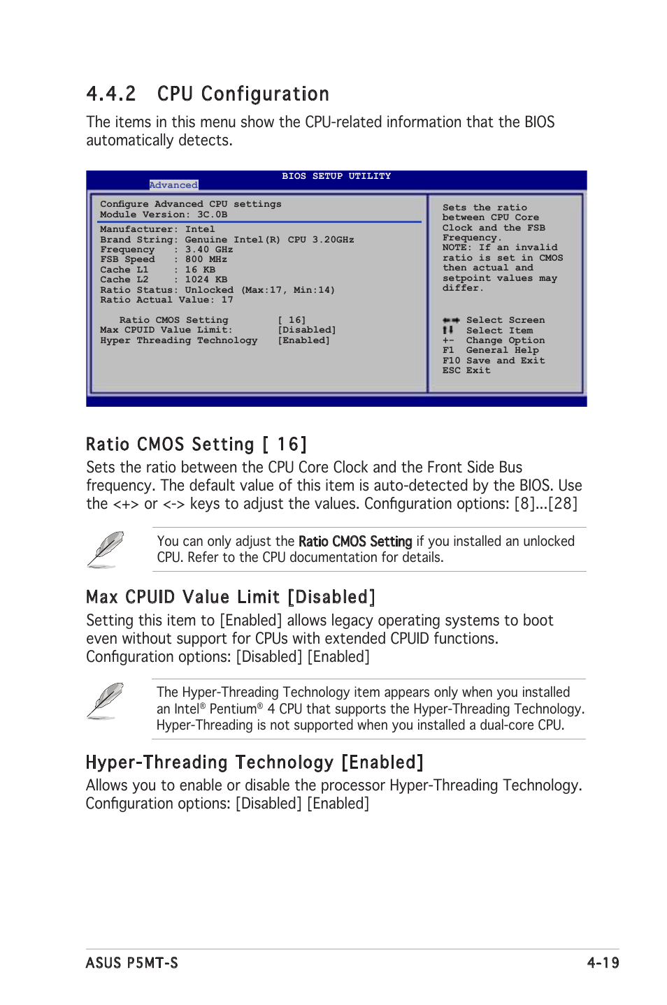 2 cpu configuration, Ratio cmos setting [ 16, Max cpuid value limit [disabled | Hyper-threading technology [enabled | Asus Motherboard P5MT-S User Manual | Page 77 / 176