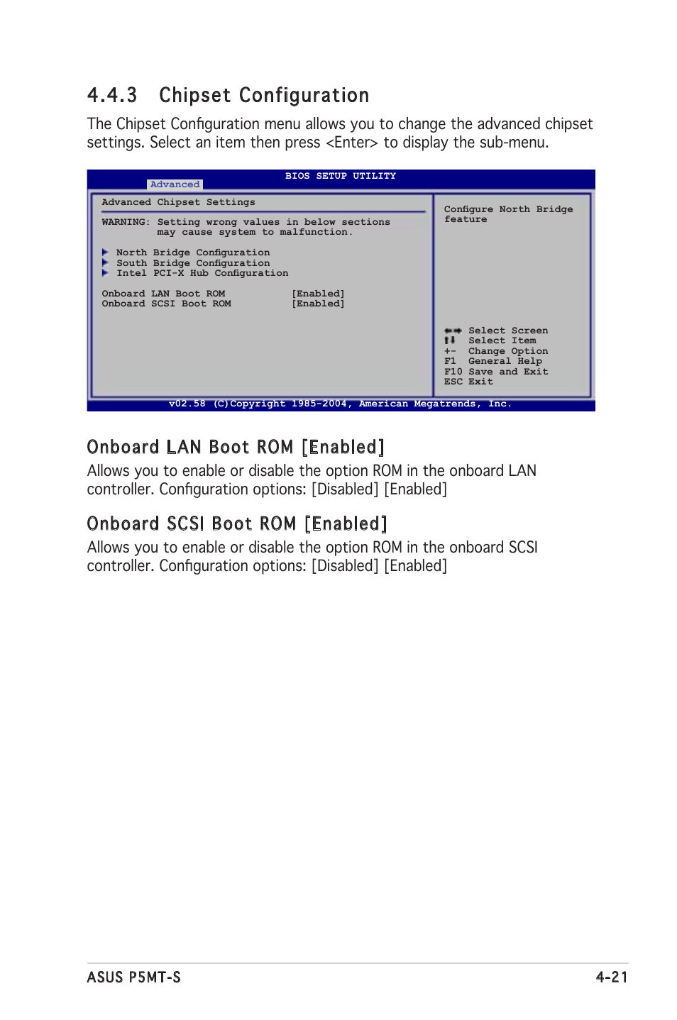 3 chipset configuration, Onboard lan boot rom [enabled, Onboard scsi boot rom [enabled | Asus Motherboard P5MT-S User Manual | Page 79 / 176