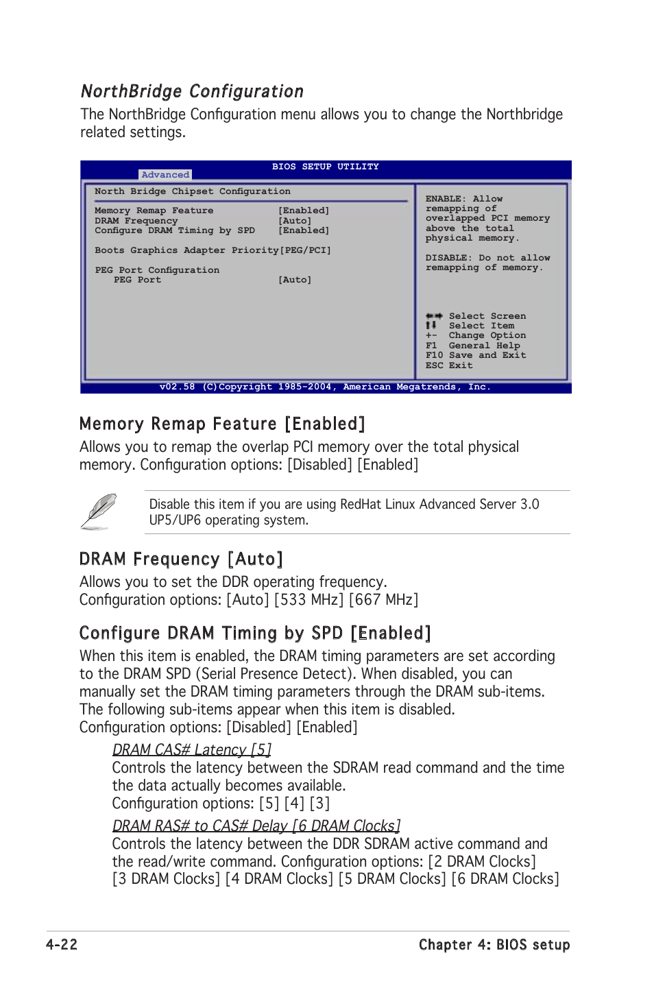 Northbridge configuration, Dram frequency [auto, Configure dram timing by spd [enabled | Asus Motherboard P5MT-S User Manual | Page 80 / 176