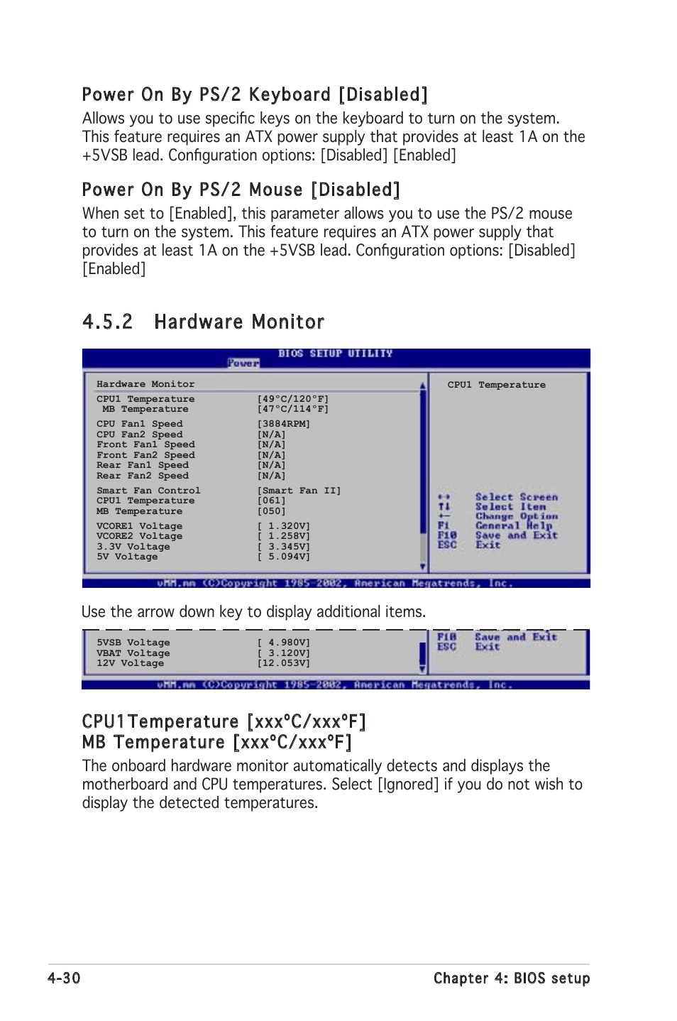 2 hardware monitor, Power on by ps/2 keyboard [disabled, Power on by ps/2 mouse [disabled | Use the arrow down key to display additional items | Asus Motherboard P5MT-S User Manual | Page 88 / 176